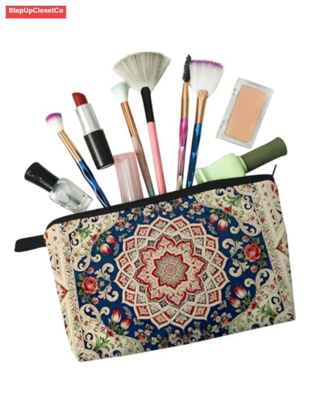 Vintage European Court Floral Polyester Cosmetic Bag with Zipper